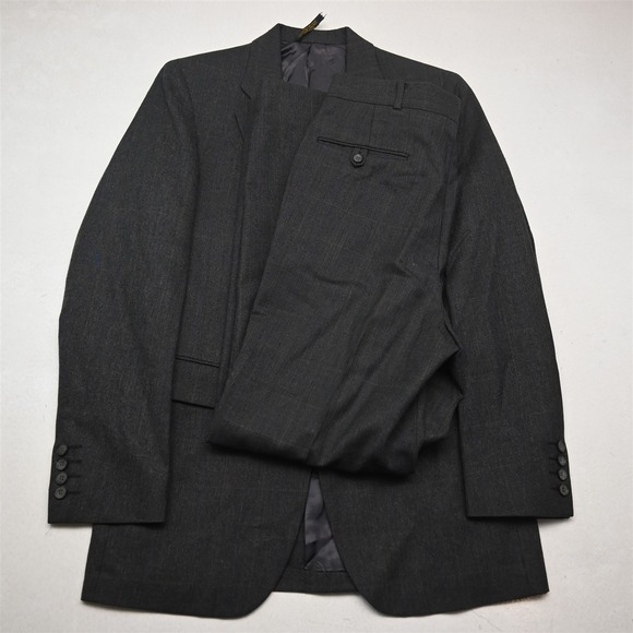 Vtg USA Made 38L 30x32 Gray Windowpane 100% Wool Mens Jacket Pants Suit